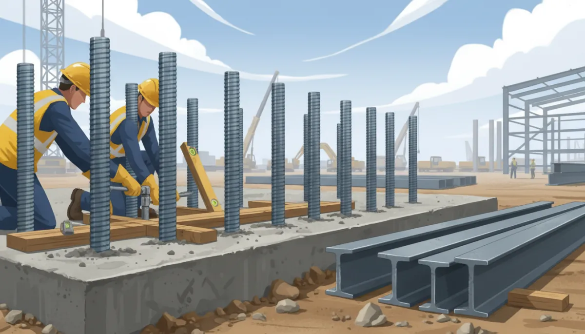 Construction crew installing anchor bolts in a concrete foundation for a metal building, close-up of bolts aligned in a row with steel columns nearby