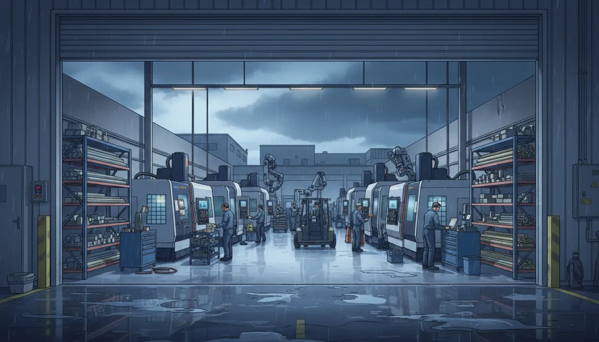 Organized interior of a metal shop with CNC machines, inventory racks, and employees working, seen through large overhead doors with wet ground outside after a storm