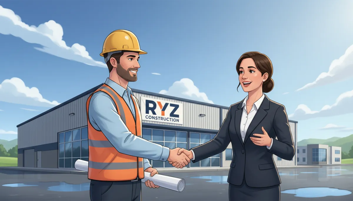 RYZ Construction project manager shaking hands with a business owner in front of a newly completed steel commercial building under clear post-storm skies