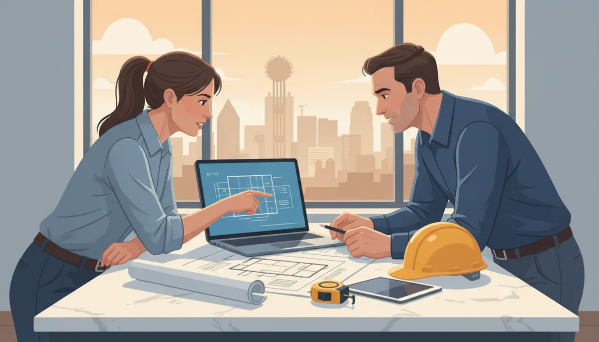 Homeowner and contractor reviewing digital building permit documents on a laptop at a kitchen island, Dallas skyline faintly visible through the window, construction plans and measuring tape on the counter