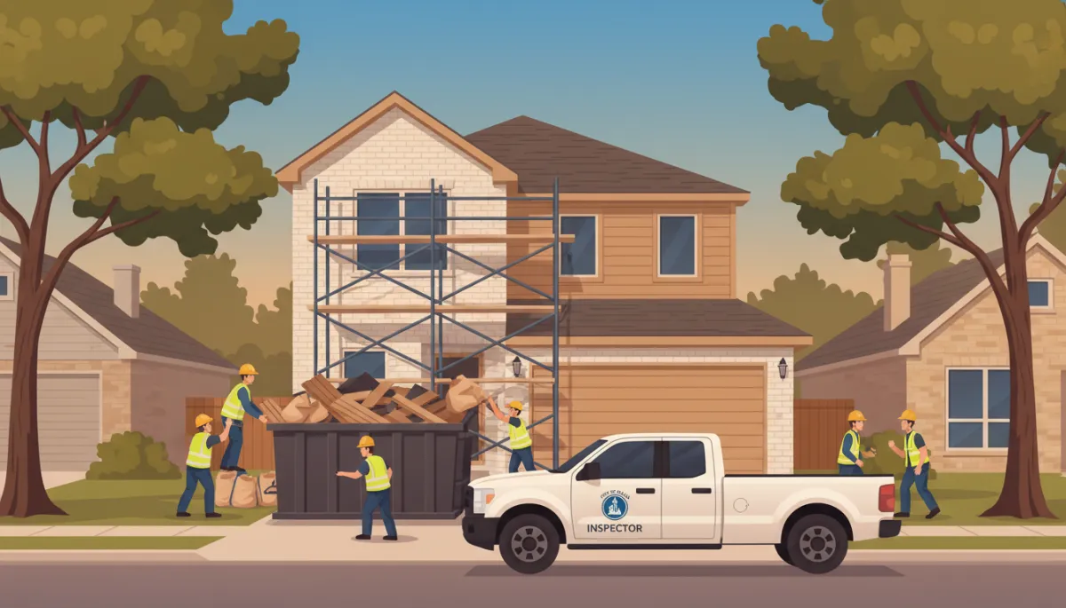 Residential street in Dallas with a home under renovation, dumpster in the driveway, workers carrying debris, and a city inspector’s truck parked at the curb