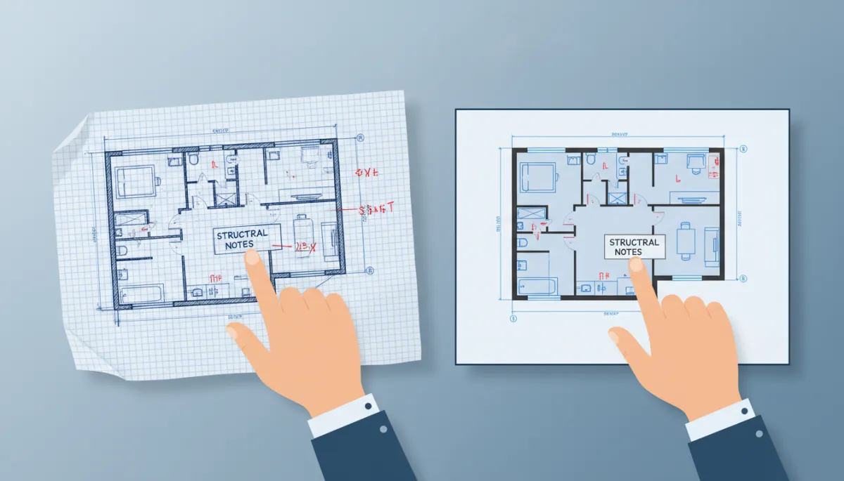Side-by-side comparison of a rough hand-drawn floor plan on graph paper versus a professional CAD drawing on a monitor, with an architect pointing at structural notes