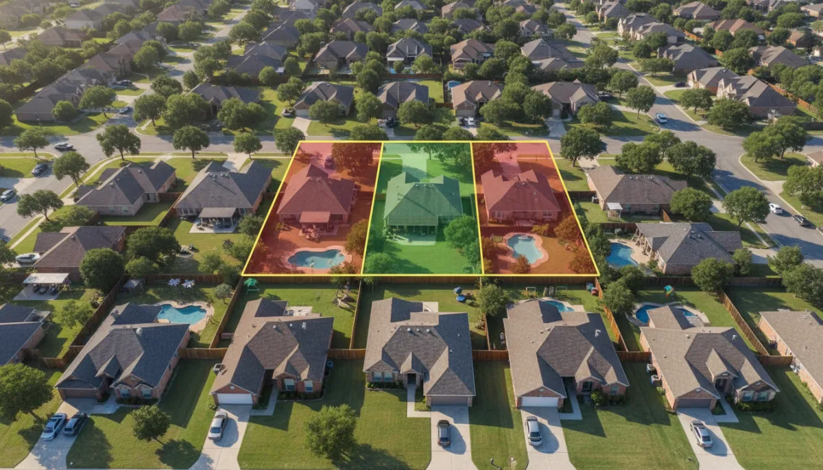 Aerial view of a Dallas neighborhood with highlighted property lines and setback zones overlaid on several backyards, showing where structures are allowed
