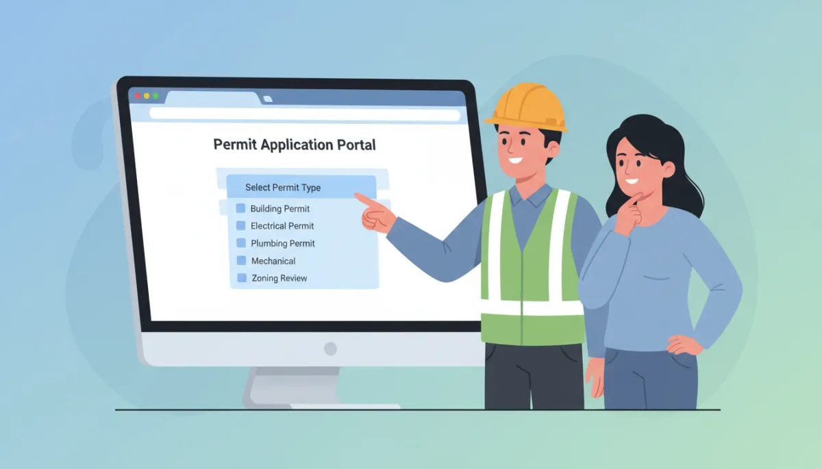 Computer screen showing a permit portal dropdown with multiple permit types like building, electrical, plumbing, mechanical, and a contractor pointing out the correct options to a homeowner