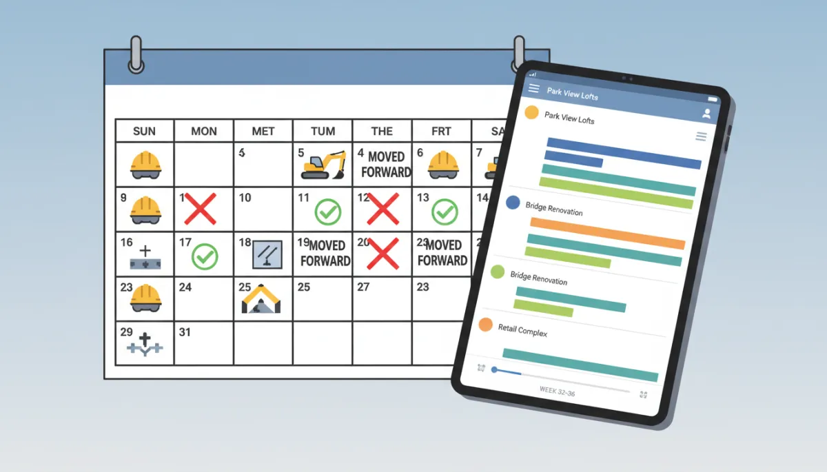 Wall calendar with construction milestones marked and several dates crossed out or moved forward, next to a contractor’s schedule on a tablet showing overlapping projects