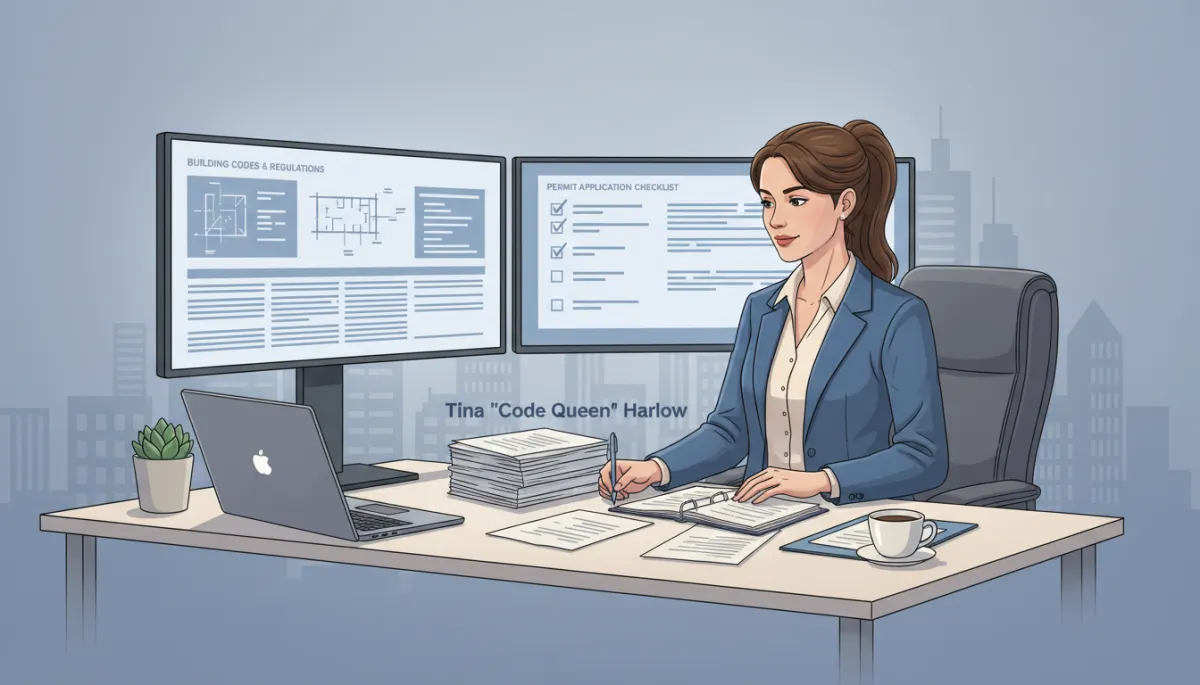 Tina “Code Queen” Harlow or a professional-looking female permit expert at a desk with dual monitors, one showing building codes and the other a permit checklist, calmly reviewing documents