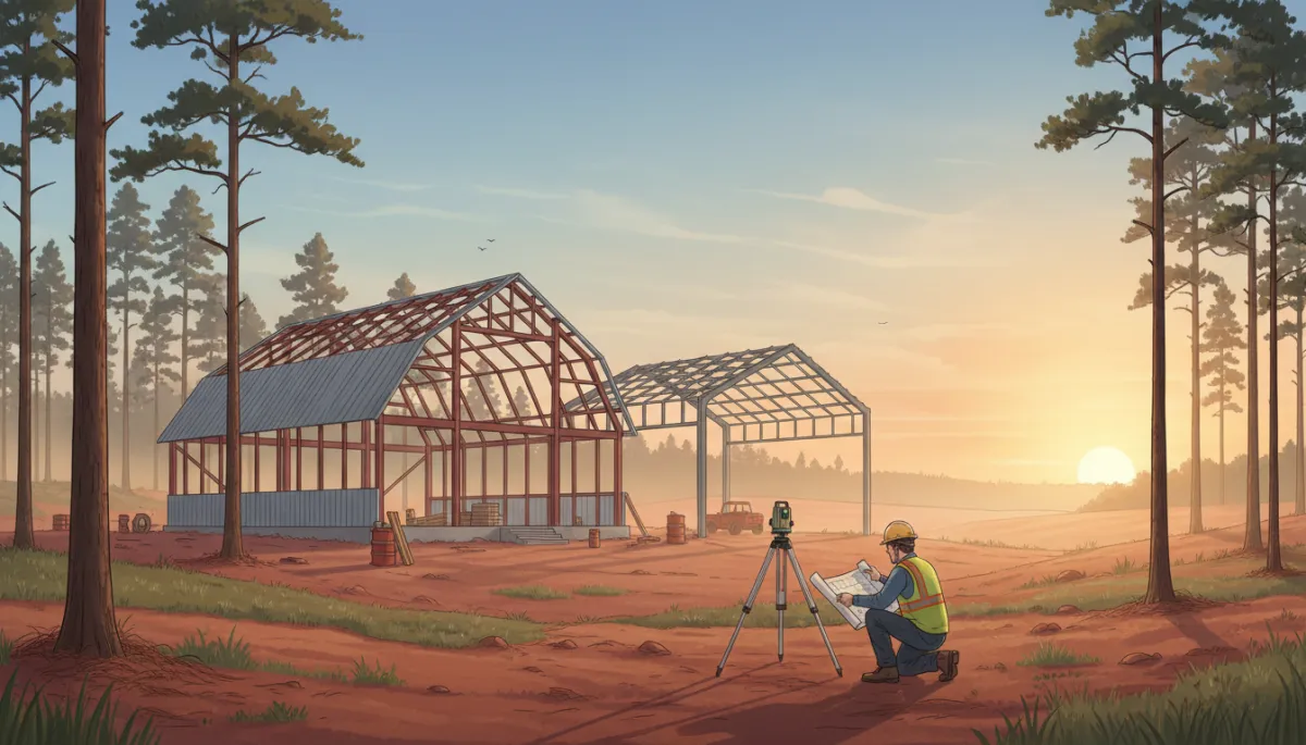 Wide view of an East Texas rural property with pine trees, partially built barndominium, metal workshop frame, and a surveyor reviewing site plans at sunrise