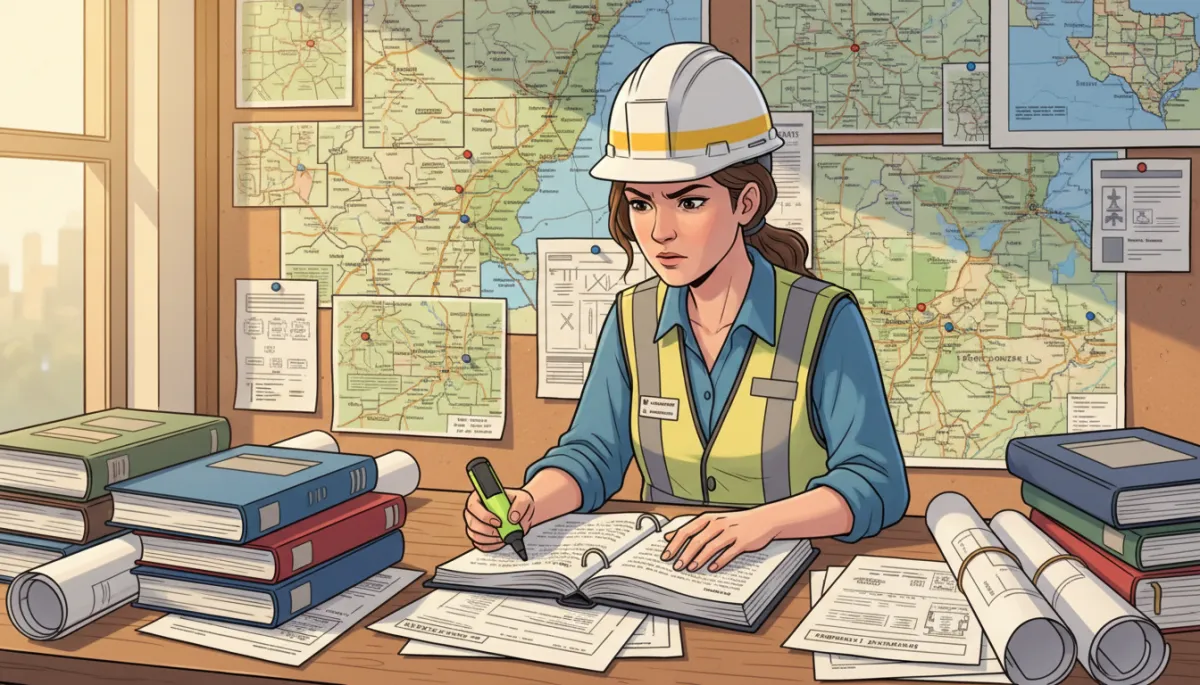 Close-up of a female construction consultant in a hard hat reviewing county code books and permit documents at a desk, East Texas maps pinned on the wall behind her