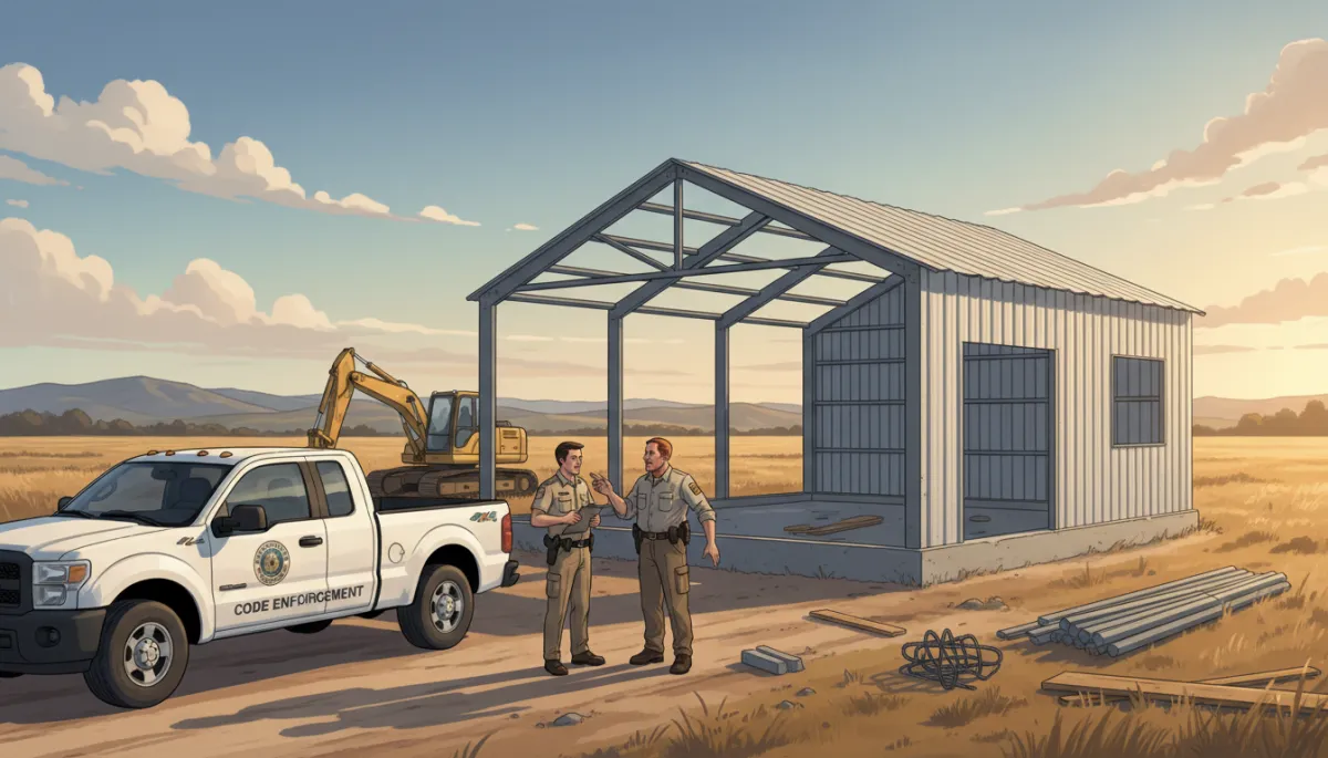 County code enforcement truck parked beside a partially built metal shop on rural land, officer speaking with a frustrated property owner near construction equipment