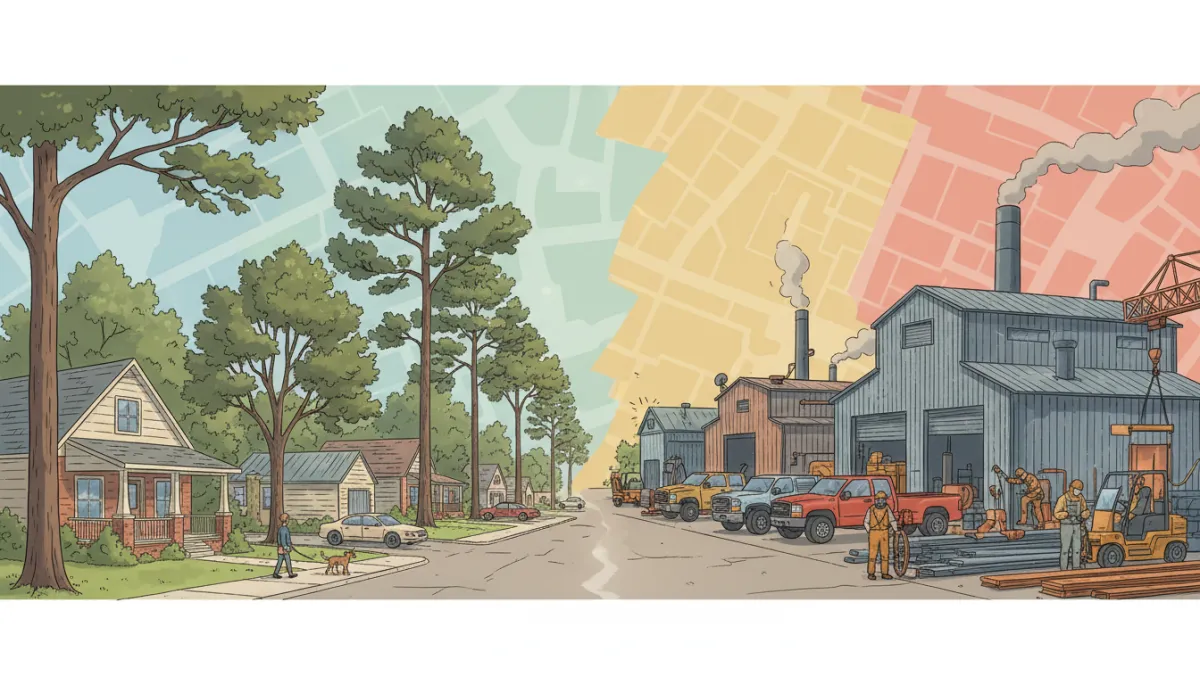 Split-screen graphic showing a quiet East Texas residential street with homes on one side and a busy metal workshop with trucks and equipment on the other, overlaid zoning map colors in the background