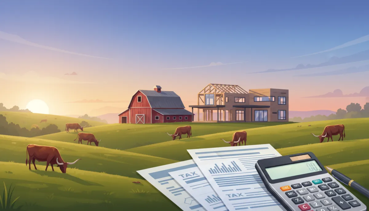 Rolling East Texas pasture with grazing cattle, a classic red barn, and a modern guest house under construction nearby, tax documents and calculator overlay in the foreground