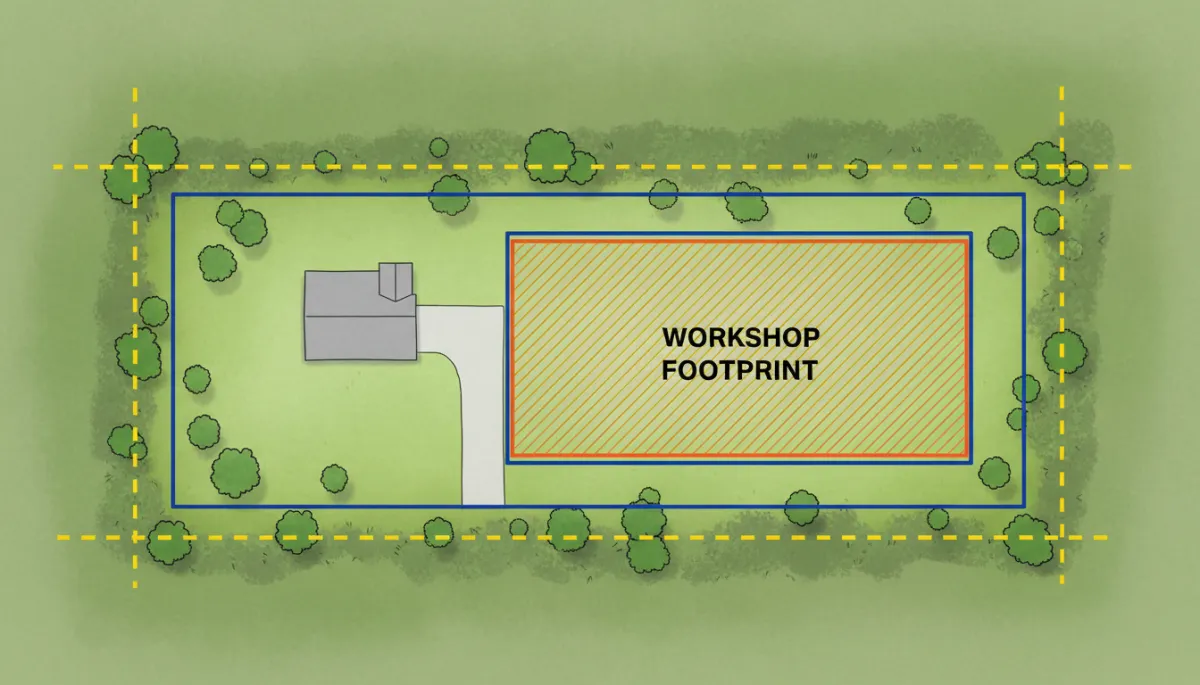 Aerial view of a residential lot with property lines, setback distances, and a planned workshop footprint clearly marked in bright colors on a site plan