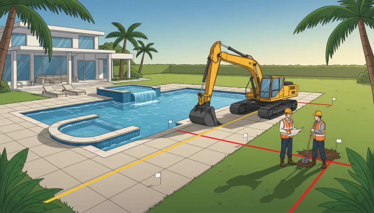 Backyard with a luxury swimming pool built over a marked underground utility easement, utility workers and excavator preparing to dig near the pool edge