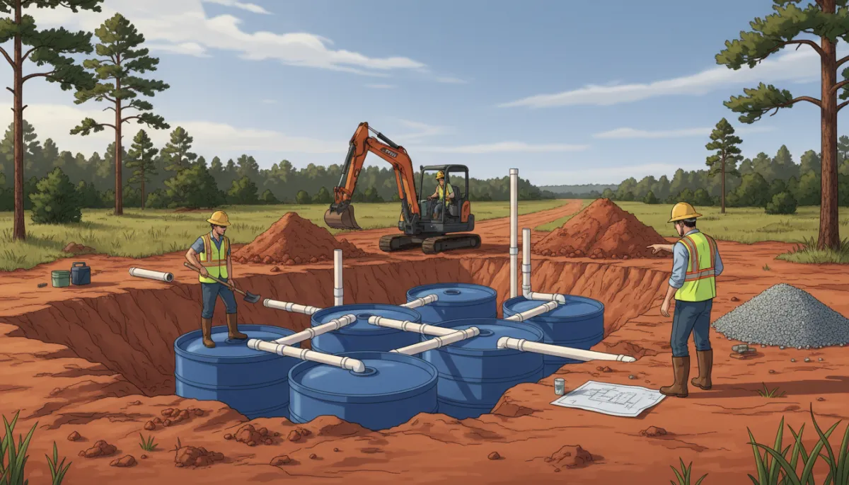 Construction crew installing an aerobic septic system on a rural East Texas lot, with visible tanks, pipes, and red clay soil in the trench