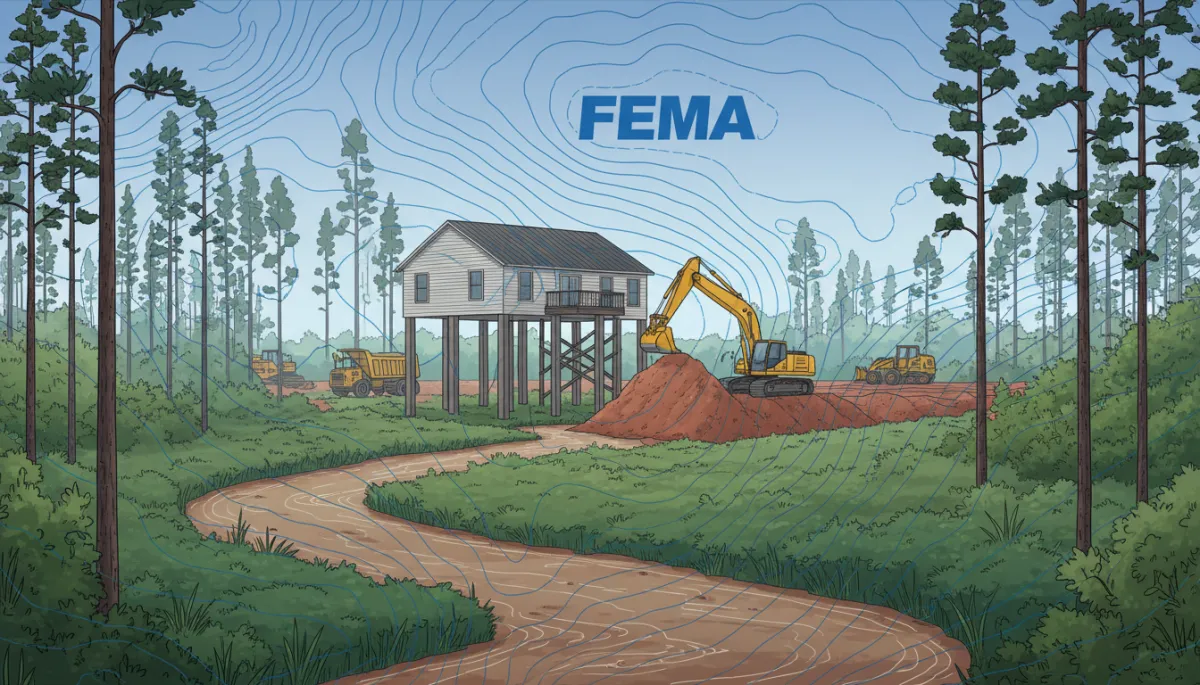Elevated home on piers near an East Texas creek, with visible FEMA floodplain map overlay and construction equipment placing fill dirt nearby