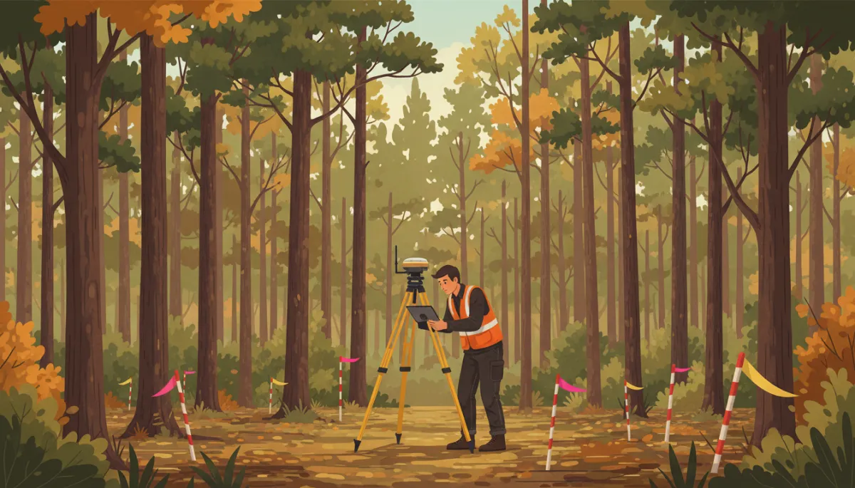 Licensed surveyor in a safety vest using a tripod and GPS equipment on a wooded East Texas property, boundary stakes and flagging tape visible