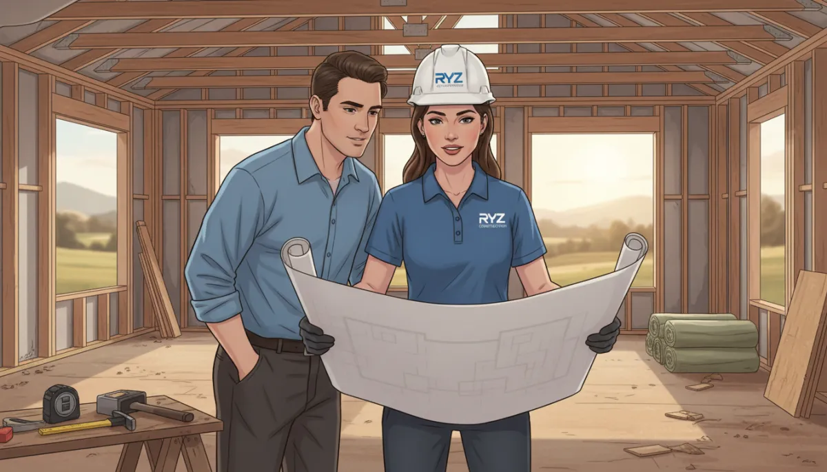 Female construction professional in a hard hat and branded RYZ Construction polo shirt reviewing building plans with a couple inside a partially framed barndominium