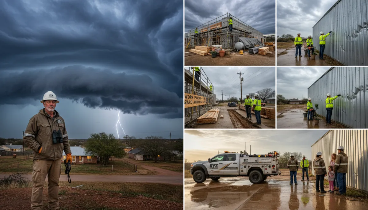 Generate a complete set of professional, photorealistic editorial images for a weather alert blog authored by Storm “Tex” Ranger, a 30-year veteran meteorology and construction field operator with RYZ Construction. The visual style must be consistent across all images: cinematic storm-response documentary photography with urgent but reassuring tone, real Texas environments, high realism, natural lighting, and construction + weather safety focus. No text, no logos, no watermarks.
The image set must include:
1 HERO IMAGE – A dramatic wide cinematic scene of severe Texas storm weather approaching residential homes and metal buildings, with a seasoned weather expert in field gear observing conditions like a storm operations veteran.
6 SECTION IMAGES covering:
Active severe weather outlook with storm clouds, wind, rain bands, lightning in the distance
Construction site storm preparation with crews securing scaffolding, cranes, and materials
Homeowner and metal building storm readiness actions such as securing doors, gutters, and outdoor equipment
Safety-focused weather impact on construction operations including paused work and hazard awareness
Post-storm environment showing inspection of minor damage like dented metal panels, roof checks, and wet ground recovery
Field operations readiness showing RYZ Construction storm response team inspecting sites and preparing for emergency response
1 CTA / CLOSING IMAGE – A professional storm response scene showing RYZ Construction field team and truck at a weather-affected site, demonstrating readiness, emergency support, and post-storm assistance in a calm but authoritative tone.
All images must feel like part of a single visual story. Maintain consistency in lighting, mood, geography (Texas), and professional storm-response atmosphere. Emphasize realism, trust, urgency, and preparedness. Avoid cartoon, illustration, or artificial CGI look.. Style: Professional quality, photorealistic, high resolution Generate a complete set of professional, photorealistic editorial images for a weather alert blog authored by Storm “Tex” Ranger, a 30-year veteran meteorology and construction field operator with RYZ Construction. The visual style must be consistent across all images: cinematic storm-response documentary photography with urgent but reassuring tone, real Texas environments, high realism, natural lighting, and construction + weather safety focus. No text, no logos, no watermarks.
The image set must include:
1 HERO IMAGE – A dramatic wide cinematic scene of severe Texas storm weather approaching residential homes and metal buildings, with a seasoned weather expert in field gear observing conditions like a storm operations veteran.
6 SECTION IMAGES covering:
Active severe weather outlook with storm clouds, wind, rain bands, lightning in the distance
Construction site storm preparation with crews securing scaffolding, cranes, and materials
Homeowner and metal building storm readiness actions such as securing doors, gutters, and outdoor equipment
Safety-focused weather impact on construction operations including paused work and hazard awareness
Post-storm environment showing inspection of minor damage like dented metal panels, roof checks, and wet ground recovery
Field operations readiness showing RYZ Construction storm response team inspecting sites and preparing for emergency response
1 CTA / CLOSING IMAGE – A professional storm response scene showing RYZ Construction field team and truck at a weather-affected site, demonstrating readiness, emergency support, and post-storm assistance in a calm but authoritative tone.
All images must feel like part of a single visual story. Maintain consistency in lighting, mood, geography (Texas), and professional storm-response atmosphere. Emphasize realism, trust, urgency, and preparedness. Avoid cartoon, illustration, or artificial CGI look.. Style: Professional quality, photorealistic, high resolution