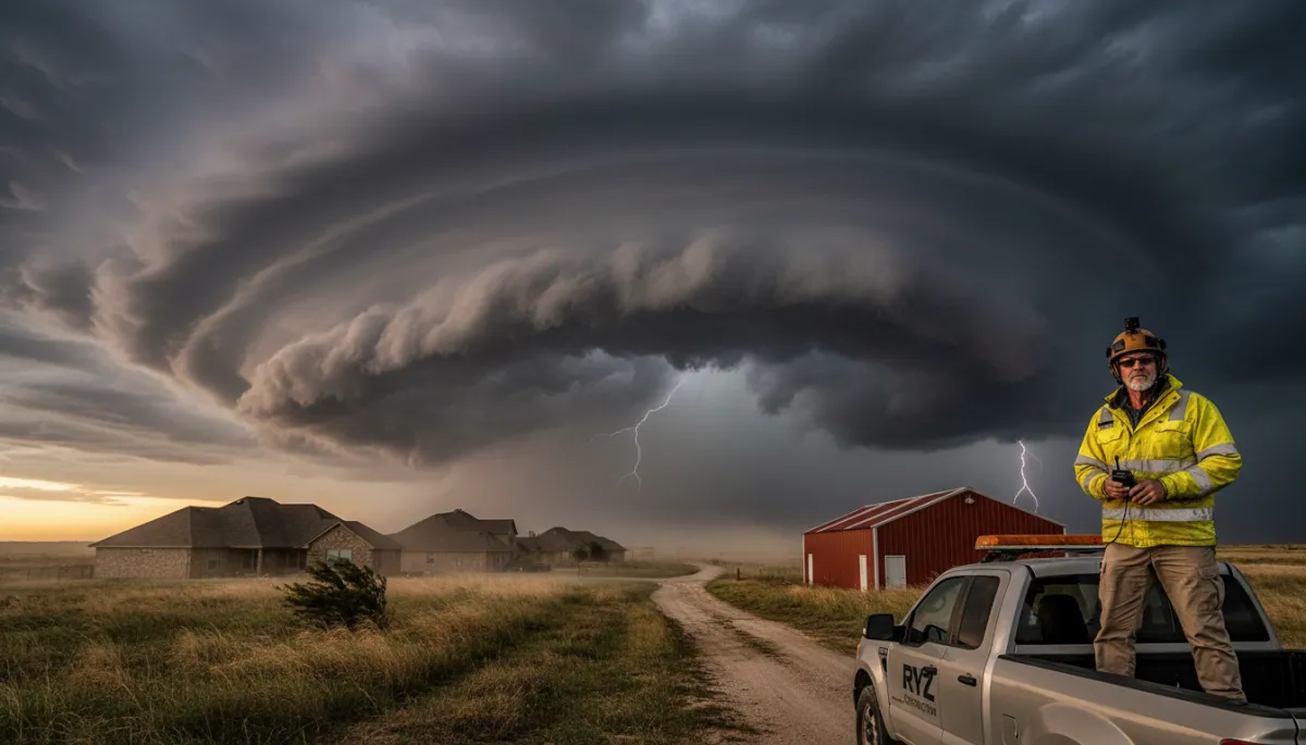 Generate a complete set of professional, photorealistic editorial images for a weather alert blog authored by Storm “Tex” Ranger, a 30-year veteran meteorology and construction field operator with RYZ Construction. The visual style must be consistent across all images: cinematic storm-response documentary photography with urgent but reassuring tone, real Texas environments, high realism, natural lighting, and construction + weather safety focus. No text, no logos, no watermarks.
The image set must include:
1 HERO IMAGE – A dramatic wide cinematic scene of severe Texas storm weather approaching residential homes and metal buildings, with a seasoned weather expert in field gear observing conditions like a storm operations veteran.
6 SECTION IMAGES covering:
Active severe weather outlook with storm clouds, wind, rain bands, lightning in the distance
Construction site storm preparation with crews securing scaffolding, cranes, and materials
Homeowner and metal building storm readiness actions such as securing doors, gutters, and outdoor equipment
Safety-focused weather impact on construction operations including paused work and hazard awareness
Post-storm environment showing inspection of minor damage like dented metal panels, roof checks, and wet ground recovery
Field operations readiness showing RYZ Construction storm response team inspecting sites and preparing for emergency response
1 CTA / CLOSING IMAGE – A professional storm response scene showing RYZ Construction field team and truck at a weather-affected site, demonstrating readiness, emergency support, and post-storm assistance in a calm but authoritative tone.
All images must feel like part of a single visual story. Maintain consistency in lighting, mood, geography (Texas), and professional storm-response atmosphere. Emphasize realism, trust, urgency, and preparedness. Avoid cartoon, illustration, or artificial CGI look.. Style: Professional quality, photorealistic, high resolution Generate a complete set of professional, photorealistic editorial images for a weather alert blog authored by Storm “Tex” Ranger, a 30-year veteran meteorology and construction field operator with RYZ Construction. The visual style must be consistent across all images: cinematic storm-response documentary photography with urgent but reassuring tone, real Texas environments, high realism, natural lighting, and construction + weather safety focus. No text, no logos, no watermarks.
The image set must include:
1 HERO IMAGE – A dramatic wide cinematic scene of severe Texas storm weather approaching residential homes and metal buildings, with a seasoned weather expert in field gear observing conditions like a storm operations veteran.
6 SECTION IMAGES covering:
Active severe weather outlook with storm clouds, wind, rain bands, lightning in the distance
Construction site storm preparation with crews securing scaffolding, cranes, and materials
Homeowner and metal building storm readiness actions such as securing doors, gutters, and outdoor equipment
Safety-focused weather impact on construction operations including paused work and hazard awareness
Post-storm environment showing inspection of minor damage like dented metal panels, roof checks, and wet ground recovery
Field operations readiness showing RYZ Construction storm response team inspecting sites and preparing for emergency response
1 CTA / CLOSING IMAGE – A professional storm response scene showing RYZ Construction field team and truck at a weather-affected site, demonstrating readiness, emergency support, and post-storm assistance in a calm but authoritative tone.
All images must feel like part of a single visual story. Maintain consistency in lighting, mood, geography (Texas), and professional storm-response atmosphere. Emphasize realism, trust, urgency, and preparedness. Avoid cartoon, illustration, or artificial CGI look.. Style: Professional quality, photorealistic, high resolution