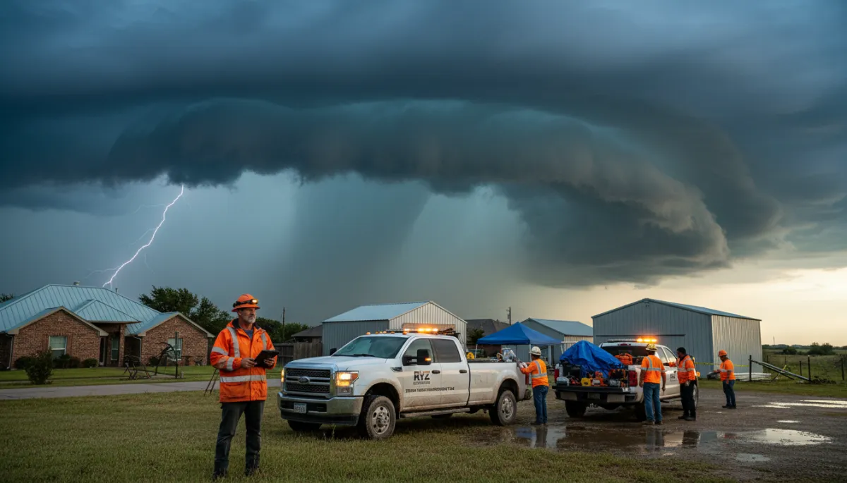 Generate a complete set of professional, photorealistic editorial images for a weather alert blog authored by Storm “Tex” Ranger, a 30-year veteran meteorology and construction field operator with RYZ Construction. The visual style must be consistent across all images: cinematic storm-response documentary photography with urgent but reassuring tone, real Texas environments, high realism, natural lighting, and construction + weather safety focus. No text, no logos, no watermarks.
The image set must include:
1 HERO IMAGE – A dramatic wide cinematic scene of severe Texas storm weather approaching residential homes and metal buildings, with a seasoned weather expert in field gear observing conditions like a storm operations veteran.
6 SECTION IMAGES covering:
Active severe weather outlook with storm clouds, wind, rain bands, lightning in the distance
Construction site storm preparation with crews securing scaffolding, cranes, and materials
Homeowner and metal building storm readiness actions such as securing doors, gutters, and outdoor equipment
Safety-focused weather impact on construction operations including paused work and hazard awareness
Post-storm environment showing inspection of minor damage like dented metal panels, roof checks, and wet ground recovery
Field operations readiness showing RYZ Construction storm response team inspecting sites and preparing for emergency response
1 CTA / CLOSING IMAGE – A professional storm response scene showing RYZ Construction field team and truck at a weather-affected site, demonstrating readiness, emergency support, and post-storm assistance in a calm but authoritative tone.
All images must feel like part of a single visual story. Maintain consistency in lighting, mood, geography (Texas), and professional storm-response atmosphere. Emphasize realism, trust, urgency, and preparedness. Avoid cartoon, illustration, or artificial CGI look.. Style: Professional quality, photorealistic, high resolution Generate a complete set of professional, photorealistic editorial images for a weather alert blog authored by Storm “Tex” Ranger, a 30-year veteran meteorology and construction field operator with RYZ Construction. The visual style must be consistent across all images: cinematic storm-response documentary photography with urgent but reassuring tone, real Texas environments, high realism, natural lighting, and construction + weather safety focus. No text, no logos, no watermarks.
The image set must include:
1 HERO IMAGE – A dramatic wide cinematic scene of severe Texas storm weather approaching residential homes and metal buildings, with a seasoned weather expert in field gear observing conditions like a storm operations veteran.
6 SECTION IMAGES covering:
Active severe weather outlook with storm clouds, wind, rain bands, lightning in the distance
Construction site storm preparation with crews securing scaffolding, cranes, and materials
Homeowner and metal building storm readiness actions such as securing doors, gutters, and outdoor equipment
Safety-focused weather impact on construction operations including paused work and hazard awareness
Post-storm environment showing inspection of minor damage like dented metal panels, roof checks, and wet ground recovery
Field operations readiness showing RYZ Construction storm response team inspecting sites and preparing for emergency response
1 CTA / CLOSING IMAGE – A professional storm response scene showing RYZ Construction field team and truck at a weather-affected site, demonstrating readiness, emergency support, and post-storm assistance in a calm but authoritative tone.
All images must feel like part of a single visual story. Maintain consistency in lighting, mood, geography (Texas), and professional storm-response atmosphere. Emphasize realism, trust, urgency, and preparedness. Avoid cartoon, illustration, or artificial CGI look.. Style: Professional quality, photorealistic, high resolution