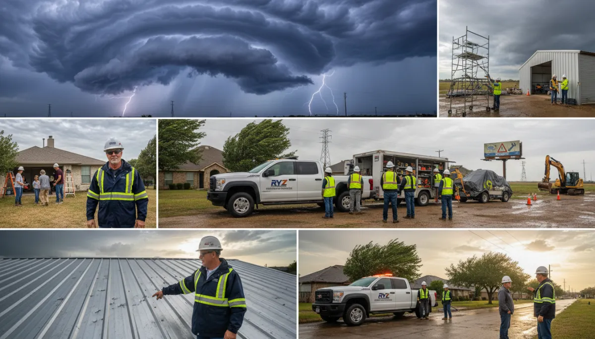 Generate a complete set of professional, photorealistic editorial images for a weather alert blog authored by Storm “Tex” Ranger, a 30-year veteran meteorology and construction field operator with RYZ Construction. The visual style must be consistent across all images: cinematic storm-response documentary photography with urgent but reassuring tone, real Texas environments, high realism, natural lighting, and construction + weather safety focus. No text, no logos, no watermarks.
The image set must include:
1 HERO IMAGE – A dramatic wide cinematic scene of severe Texas storm weather approaching residential homes and metal buildings, with a seasoned weather expert in field gear observing conditions like a storm operations veteran.
6 SECTION IMAGES covering:
Active severe weather outlook with storm clouds, wind, rain bands, lightning in the distance
Construction site storm preparation with crews securing scaffolding, cranes, and materials
Homeowner and metal building storm readiness actions such as securing doors, gutters, and outdoor equipment
Safety-focused weather impact on construction operations including paused work and hazard awareness
Post-storm environment showing inspection of minor damage like dented metal panels, roof checks, and wet ground recovery
Field operations readiness showing RYZ Construction storm response team inspecting sites and preparing for emergency response
1 CTA / CLOSING IMAGE – A professional storm response scene showing RYZ Construction field team and truck at a weather-affected site, demonstrating readiness, emergency support, and post-storm assistance in a calm but authoritative tone.
All images must feel like part of a single visual story. Maintain consistency in lighting, mood, geography (Texas), and professional storm-response atmosphere. Emphasize realism, trust, urgency, and preparedness. Avoid cartoon, illustration, or artificial CGI look.. Style: Professional quality, photorealistic, high resolution Generate a complete set of professional, photorealistic editorial images for a weather alert blog authored by Storm “Tex” Ranger, a 30-year veteran meteorology and construction field operator with RYZ Construction. The visual style must be consistent across all images: cinematic storm-response documentary photography with urgent but reassuring tone, real Texas environments, high realism, natural lighting, and construction + weather safety focus. No text, no logos, no watermarks.
The image set must include:
1 HERO IMAGE – A dramatic wide cinematic scene of severe Texas storm weather approaching residential homes and metal buildings, with a seasoned weather expert in field gear observing conditions like a storm operations veteran.
6 SECTION IMAGES covering:
Active severe weather outlook with storm clouds, wind, rain bands, lightning in the distance
Construction site storm preparation with crews securing scaffolding, cranes, and materials
Homeowner and metal building storm readiness actions such as securing doors, gutters, and outdoor equipment
Safety-focused weather impact on construction operations including paused work and hazard awareness
Post-storm environment showing inspection of minor damage like dented metal panels, roof checks, and wet ground recovery
Field operations readiness showing RYZ Construction storm response team inspecting sites and preparing for emergency response
1 CTA / CLOSING IMAGE – A professional storm response scene showing RYZ Construction field team and truck at a weather-affected site, demonstrating readiness, emergency support, and post-storm assistance in a calm but authoritative tone.
All images must feel like part of a single visual story. Maintain consistency in lighting, mood, geography (Texas), and professional storm-response atmosphere. Emphasize realism, trust, urgency, and preparedness. Avoid cartoon, illustration, or artificial CGI look.. Style: Professional quality, photorealistic, high resolution