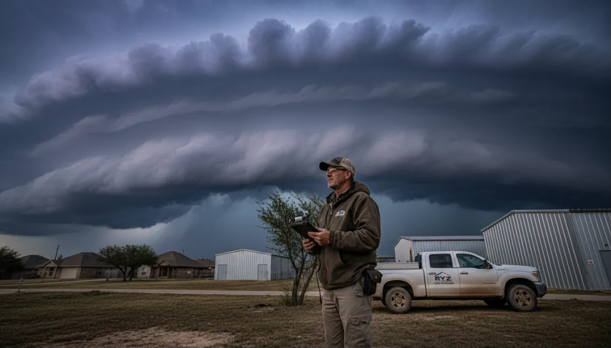 Generate a complete set of professional, photorealistic editorial images for a weather alert blog authored by Storm “Tex” Ranger, a 30-year veteran meteorology and construction field operator with RYZ Construction. The visual style must be consistent across all images: cinematic storm-response documentary photography with urgent but reassuring tone, real Texas environments, high realism, natural lighting, and construction + weather safety focus. No text, no logos, no watermarks.
The image set must include:
1 HERO IMAGE – A dramatic wide cinematic scene of severe Texas storm weather approaching residential homes and metal buildings, with a seasoned weather expert in field gear observing conditions like a storm operations veteran.
6 SECTION IMAGES covering:
Active severe weather outlook with storm clouds, wind, rain bands, lightning in the distance
Construction site storm preparation with crews securing scaffolding, cranes, and materials
Homeowner and metal building storm readiness actions such as securing doors, gutters, and outdoor equipment
Safety-focused weather impact on construction operations including paused work and hazard awareness
Post-storm environment showing inspection of minor damage like dented metal panels, roof checks, and wet ground recovery
Field operations readiness showing RYZ Construction storm response team inspecting sites and preparing for emergency response
1 CTA / CLOSING IMAGE – A professional storm response scene showing RYZ Construction field team and truck at a weather-affected site, demonstrating readiness, emergency support, and post-storm assistance in a calm but authoritative tone.
All images must feel like part of a single visual story. Maintain consistency in lighting, mood, geography (Texas), and professional storm-response atmosphere. Emphasize realism, trust, urgency, and preparedness. Avoid cartoon, illustration, or artificial CGI look.. Style: Professional quality, photorealistic, high resolution Generate a complete set of professional, photorealistic editorial images for a weather alert blog authored by Storm “Tex” Ranger, a 30-year veteran meteorology and construction field operator with RYZ Construction. The visual style must be consistent across all images: cinematic storm-response documentary photography with urgent but reassuring tone, real Texas environments, high realism, natural lighting, and construction + weather safety focus. No text, no logos, no watermarks.
The image set must include:
1 HERO IMAGE – A dramatic wide cinematic scene of severe Texas storm weather approaching residential homes and metal buildings, with a seasoned weather expert in field gear observing conditions like a storm operations veteran.
6 SECTION IMAGES covering:
Active severe weather outlook with storm clouds, wind, rain bands, lightning in the distance
Construction site storm preparation with crews securing scaffolding, cranes, and materials
Homeowner and metal building storm readiness actions such as securing doors, gutters, and outdoor equipment
Safety-focused weather impact on construction operations including paused work and hazard awareness
Post-storm environment showing inspection of minor damage like dented metal panels, roof checks, and wet ground recovery
Field operations readiness showing RYZ Construction storm response team inspecting sites and preparing for emergency response
1 CTA / CLOSING IMAGE – A professional storm response scene showing RYZ Construction field team and truck at a weather-affected site, demonstrating readiness, emergency support, and post-storm assistance in a calm but authoritative tone.
All images must feel like part of a single visual story. Maintain consistency in lighting, mood, geography (Texas), and professional storm-response atmosphere. Emphasize realism, trust, urgency, and preparedness. Avoid cartoon, illustration, or artificial CGI look.. Style: Professional quality, photorealistic, high resolution