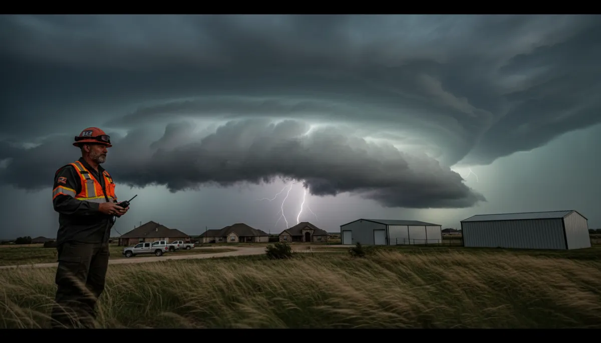 Generate a complete set of professional, photorealistic editorial images for a weather alert blog authored by Storm “Tex” Ranger, a 30-year veteran meteorology and construction field operator with RYZ Construction. The visual style must be consistent across all images: cinematic storm-response documentary photography with urgent but reassuring tone, real Texas environments, high realism, natural lighting, and construction + weather safety focus. No text, no logos, no watermarks.
The image set must include:
1 HERO IMAGE – A dramatic wide cinematic scene of severe Texas storm weather approaching residential homes and metal buildings, with a seasoned weather expert in field gear observing conditions like a storm operations veteran.
6 SECTION IMAGES covering:
Active severe weather outlook with storm clouds, wind, rain bands, lightning in the distance
Construction site storm preparation with crews securing scaffolding, cranes, and materials
Homeowner and metal building storm readiness actions such as securing doors, gutters, and outdoor equipment
Safety-focused weather impact on construction operations including paused work and hazard awareness
Post-storm environment showing inspection of minor damage like dented metal panels, roof checks, and wet ground recovery
Field operations readiness showing RYZ Construction storm response team inspecting sites and preparing for emergency response
1 CTA / CLOSING IMAGE – A professional storm response scene showing RYZ Construction field team and truck at a weather-affected site, demonstrating readiness, emergency support, and post-storm assistance in a calm but authoritative tone.
All images must feel like part of a single visual story. Maintain consistency in lighting, mood, geography (Texas), and professional storm-response atmosphere. Emphasize realism, trust, urgency, and preparedness. Avoid cartoon, illustration, or artificial CGI look.. Style: Professional quality, photorealistic, high resolution Generate a complete set of professional, photorealistic editorial images for a weather alert blog authored by Storm “Tex” Ranger, a 30-year veteran meteorology and construction field operator with RYZ Construction. The visual style must be consistent across all images: cinematic storm-response documentary photography with urgent but reassuring tone, real Texas environments, high realism, natural lighting, and construction + weather safety focus. No text, no logos, no watermarks.
The image set must include:
1 HERO IMAGE – A dramatic wide cinematic scene of severe Texas storm weather approaching residential homes and metal buildings, with a seasoned weather expert in field gear observing conditions like a storm operations veteran.
6 SECTION IMAGES covering:
Active severe weather outlook with storm clouds, wind, rain bands, lightning in the distance
Construction site storm preparation with crews securing scaffolding, cranes, and materials
Homeowner and metal building storm readiness actions such as securing doors, gutters, and outdoor equipment
Safety-focused weather impact on construction operations including paused work and hazard awareness
Post-storm environment showing inspection of minor damage like dented metal panels, roof checks, and wet ground recovery
Field operations readiness showing RYZ Construction storm response team inspecting sites and preparing for emergency response
1 CTA / CLOSING IMAGE – A professional storm response scene showing RYZ Construction field team and truck at a weather-affected site, demonstrating readiness, emergency support, and post-storm assistance in a calm but authoritative tone.
All images must feel like part of a single visual story. Maintain consistency in lighting, mood, geography (Texas), and professional storm-response atmosphere. Emphasize realism, trust, urgency, and preparedness. Avoid cartoon, illustration, or artificial CGI look.. Style: Professional quality, photorealistic, high resolution