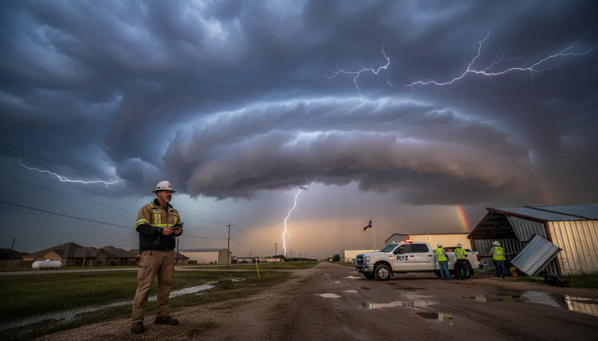 Generate a complete set of professional, photorealistic editorial images for a weather alert blog authored by Storm “Tex” Ranger, a 30-year veteran meteorology and construction field operator with RYZ Construction. The visual style must be consistent across all images: cinematic storm-response documentary photography with urgent but reassuring tone, real Texas environments, high realism, natural lighting, and construction + weather safety focus. No text, no logos, no watermarks.
The image set must include:
1 HERO IMAGE – A dramatic wide cinematic scene of severe Texas storm weather approaching residential homes and metal buildings, with a seasoned weather expert in field gear observing conditions like a storm operations veteran.
6 SECTION IMAGES covering:
Active severe weather outlook with storm clouds, wind, rain bands, lightning in the distance
Construction site storm preparation with crews securing scaffolding, cranes, and materials
Homeowner and metal building storm readiness actions such as securing doors, gutters, and outdoor equipment
Safety-focused weather impact on construction operations including paused work and hazard awareness
Post-storm environment showing inspection of minor damage like dented metal panels, roof checks, and wet ground recovery
Field operations readiness showing RYZ Construction storm response team inspecting sites and preparing for emergency response
1 CTA / CLOSING IMAGE – A professional storm response scene showing RYZ Construction field team and truck at a weather-affected site, demonstrating readiness, emergency support, and post-storm assistance in a calm but authoritative tone.
All images must feel like part of a single visual story. Maintain consistency in lighting, mood, geography (Texas), and professional storm-response atmosphere. Emphasize realism, trust, urgency, and preparedness. Avoid cartoon, illustration, or artificial CGI look.. Style: Professional quality, photorealistic, high resolution Generate a complete set of professional, photorealistic editorial images for a weather alert blog authored by Storm “Tex” Ranger, a 30-year veteran meteorology and construction field operator with RYZ Construction. The visual style must be consistent across all images: cinematic storm-response documentary photography with urgent but reassuring tone, real Texas environments, high realism, natural lighting, and construction + weather safety focus. No text, no logos, no watermarks.
The image set must include:
1 HERO IMAGE – A dramatic wide cinematic scene of severe Texas storm weather approaching residential homes and metal buildings, with a seasoned weather expert in field gear observing conditions like a storm operations veteran.
6 SECTION IMAGES covering:
Active severe weather outlook with storm clouds, wind, rain bands, lightning in the distance
Construction site storm preparation with crews securing scaffolding, cranes, and materials
Homeowner and metal building storm readiness actions such as securing doors, gutters, and outdoor equipment
Safety-focused weather impact on construction operations including paused work and hazard awareness
Post-storm environment showing inspection of minor damage like dented metal panels, roof checks, and wet ground recovery
Field operations readiness showing RYZ Construction storm response team inspecting sites and preparing for emergency response
1 CTA / CLOSING IMAGE – A professional storm response scene showing RYZ Construction field team and truck at a weather-affected site, demonstrating readiness, emergency support, and post-storm assistance in a calm but authoritative tone.
All images must feel like part of a single visual story. Maintain consistency in lighting, mood, geography (Texas), and professional storm-response atmosphere. Emphasize realism, trust, urgency, and preparedness. Avoid cartoon, illustration, or artificial CGI look.. Style: Professional quality, photorealistic, high resolution