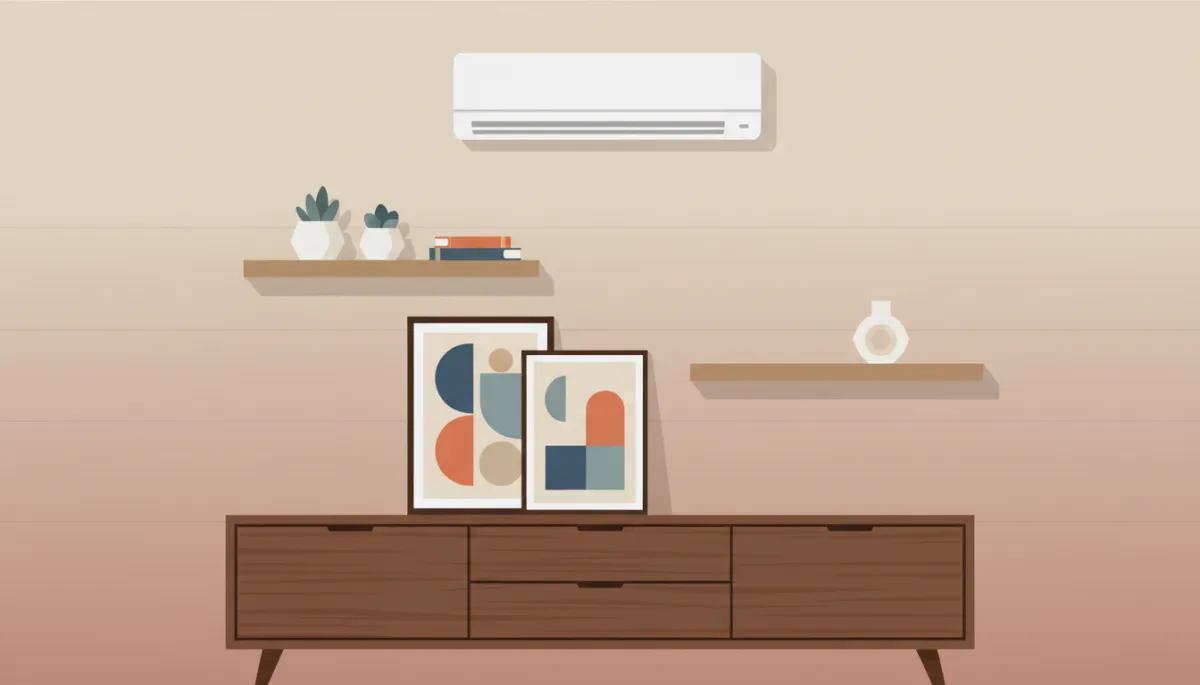Slim mini-split unit aligned with modern shelving and artwork