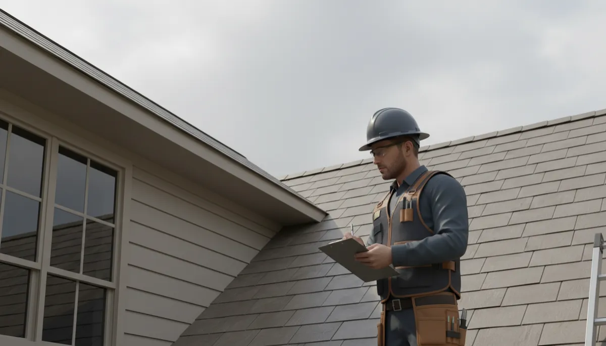 Professional contractor inspecting roof and windows of a Texas home for storm readiness