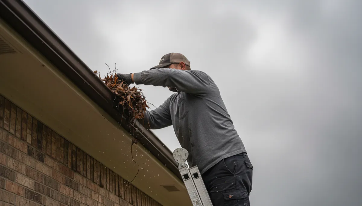 Homeowner clearing gutters to improve storm drainage