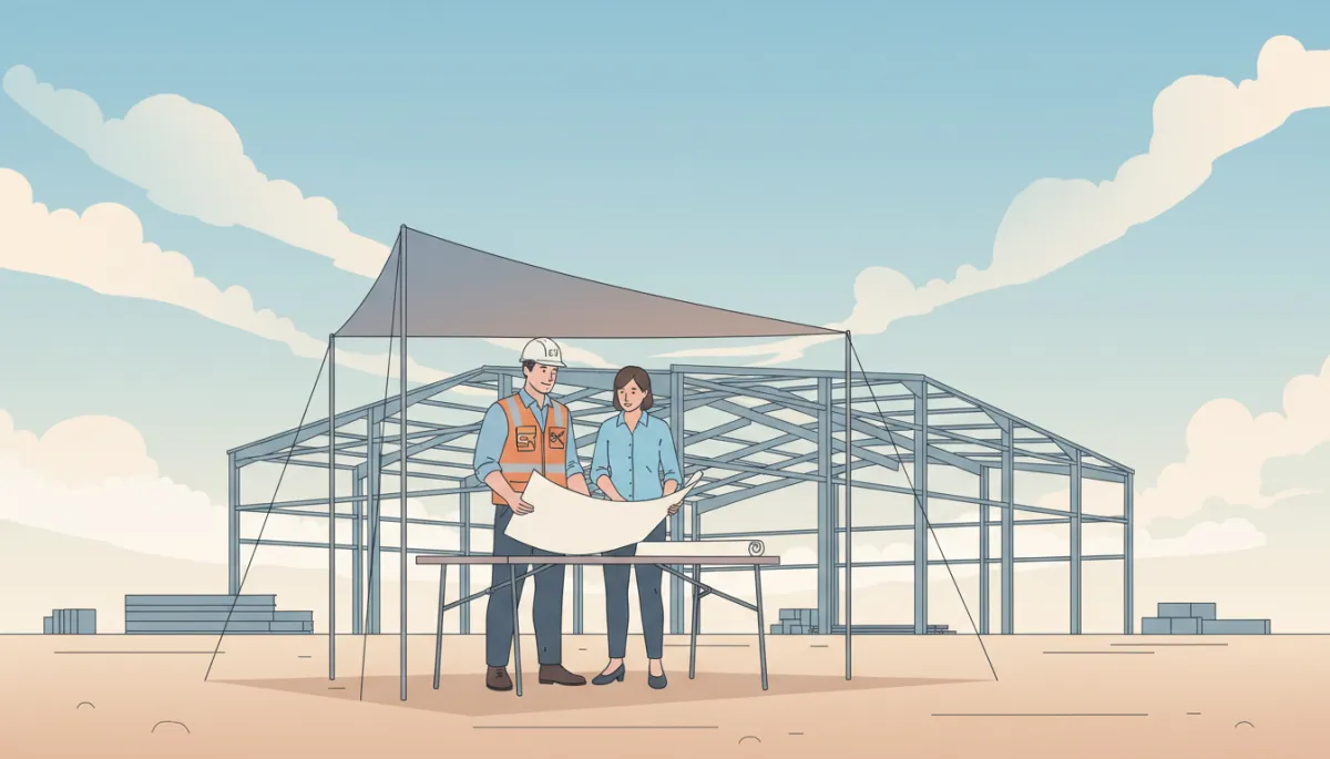 professional, neutral-color ground-level view of Max “Steel King” Vargas in branded safety vest reviewing metal building plans with a business owner on a shaded jobsite, steel frame rising in background under bright Texas sky professional, neutral-color ground-level view of Max “Steel King” Vargas in branded safety vest reviewing metal building plans with a business owner on a shaded jobsite, steel frame rising in background under bright Texas sky