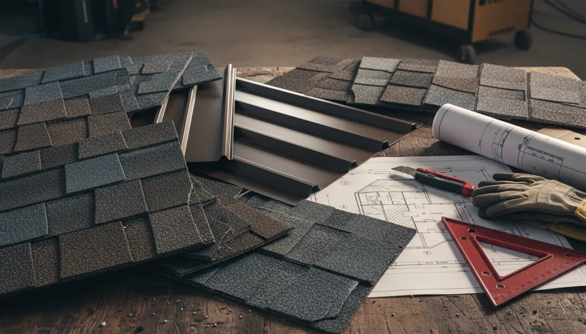 Impact-resistant shingles and metal roofing samples on a contractor’s workbench