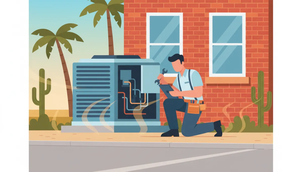 Technician checking outdoor HVAC unit during Texas summer heat