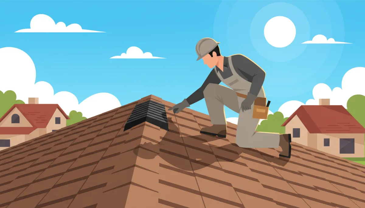 Contractor inspecting Texas home roof and ridge vent in summer