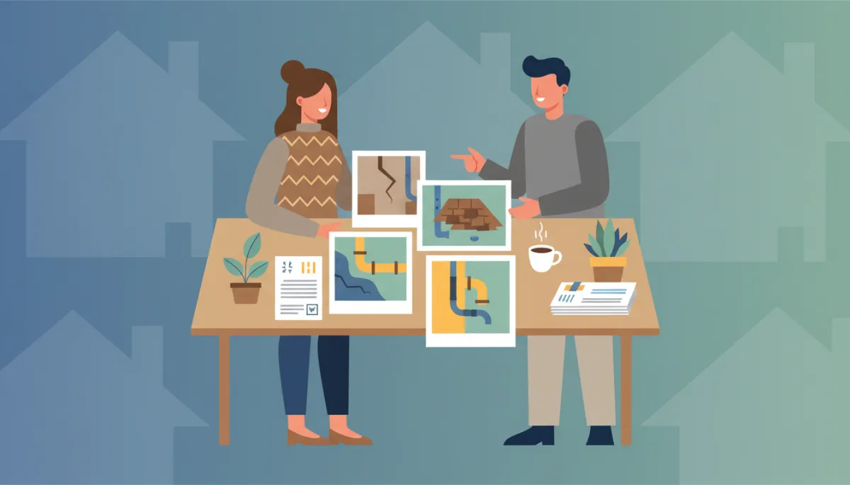 Homeowner reviewing inspection photos and maintenance records with consultant