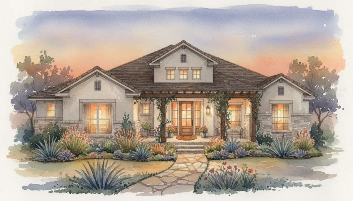 Completed Texas home remodel with updated exterior, lighting, and landscaping at dusk