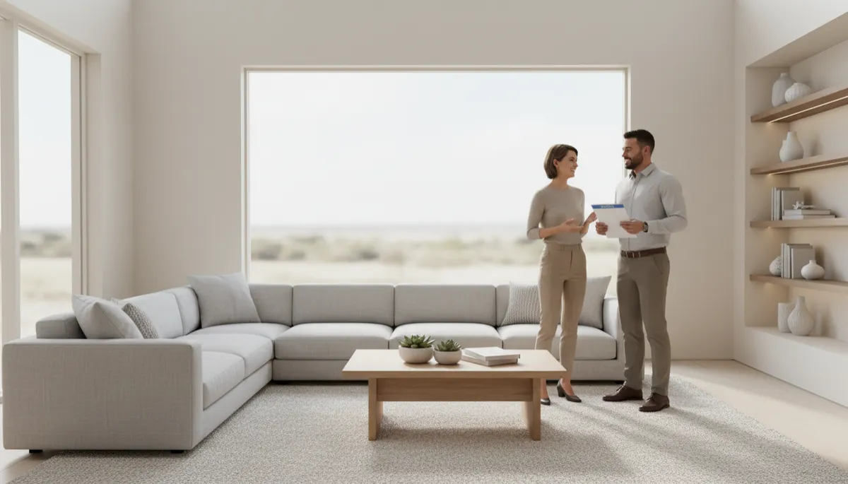 Completed Texas living room remodel with homeowners reviewing final documents with contractor