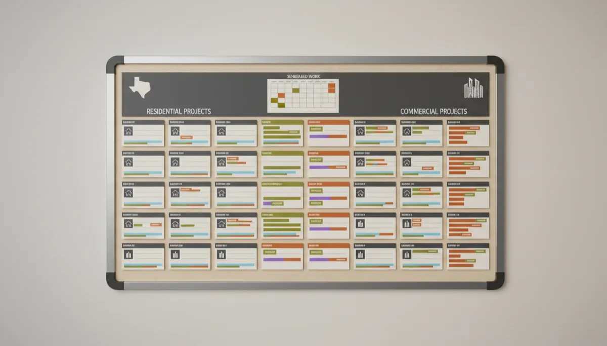 Job schedule board showing multiple Texas remodeling projects booked through fall