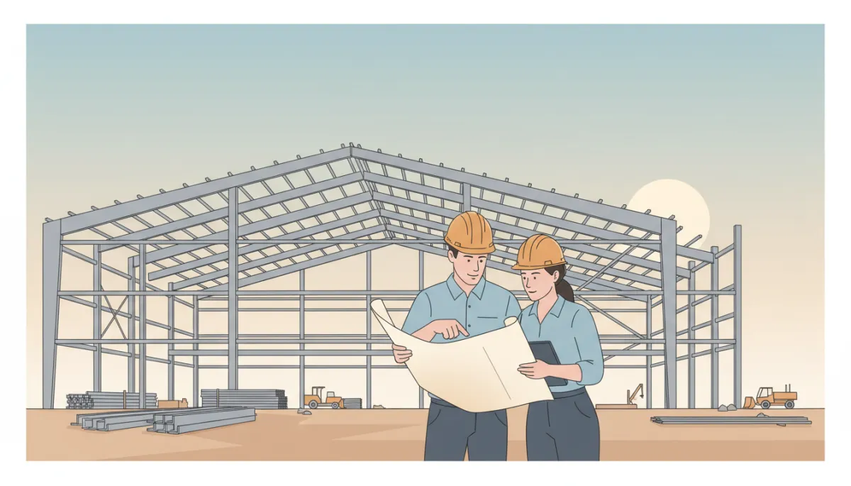 Contractor and business owner reviewing plans at a commercial metal building site