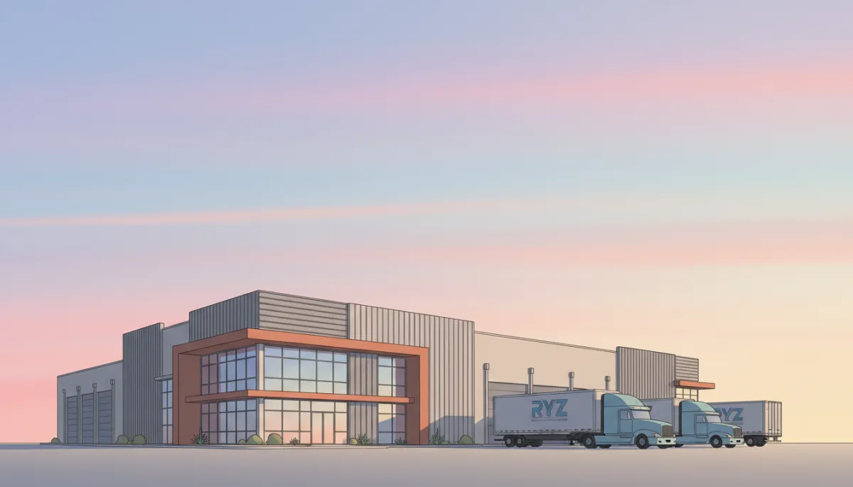 Completed commercial metal building headquarters with contractor vehicles outside