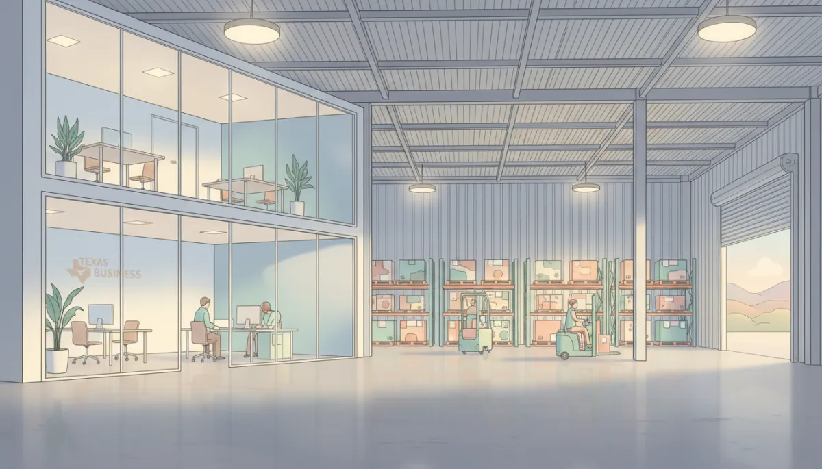 Finished commercial metal building interior with office and warehouse space