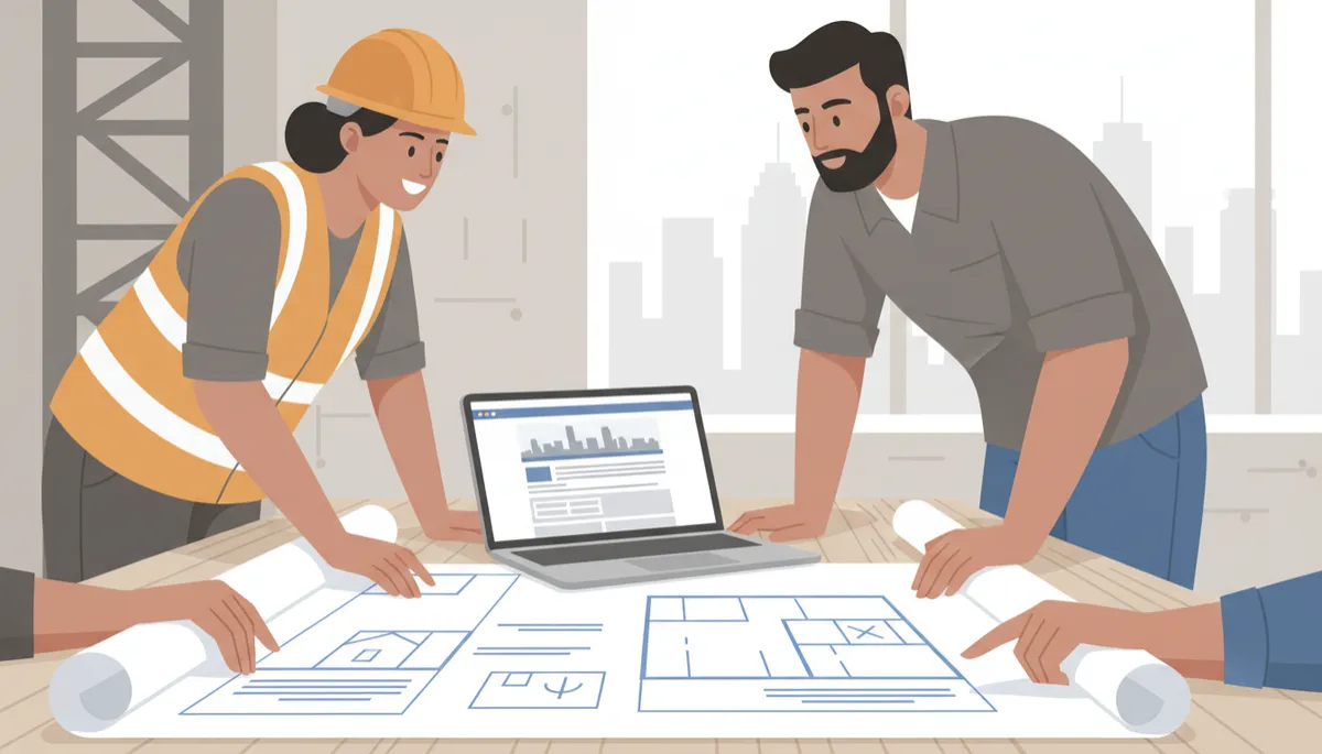 Contractor and architect reviewing Dallas building permit documents on a jobsite table Contractor and architect reviewing Dallas building permit documents on a jobsite table