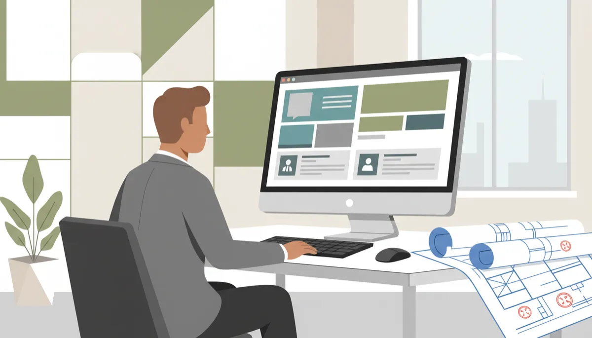Project manager using an online permit dashboard alongside printed construction plans Project manager using an online permit dashboard alongside printed construction plans