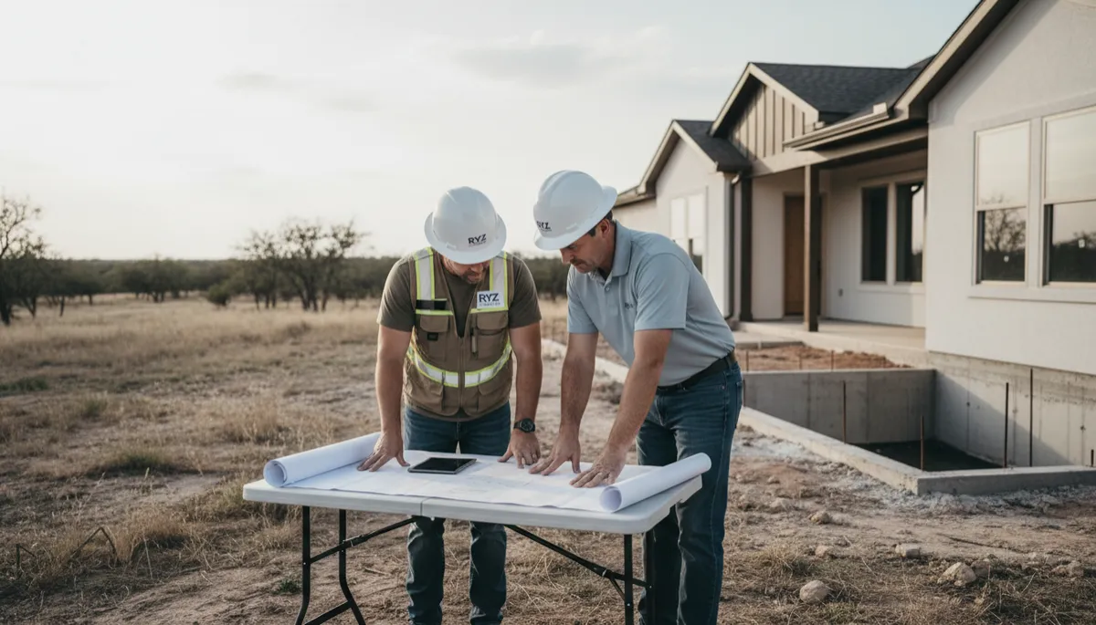 Contractor and homeowner reviewing foundation inspection results outside a Texas home