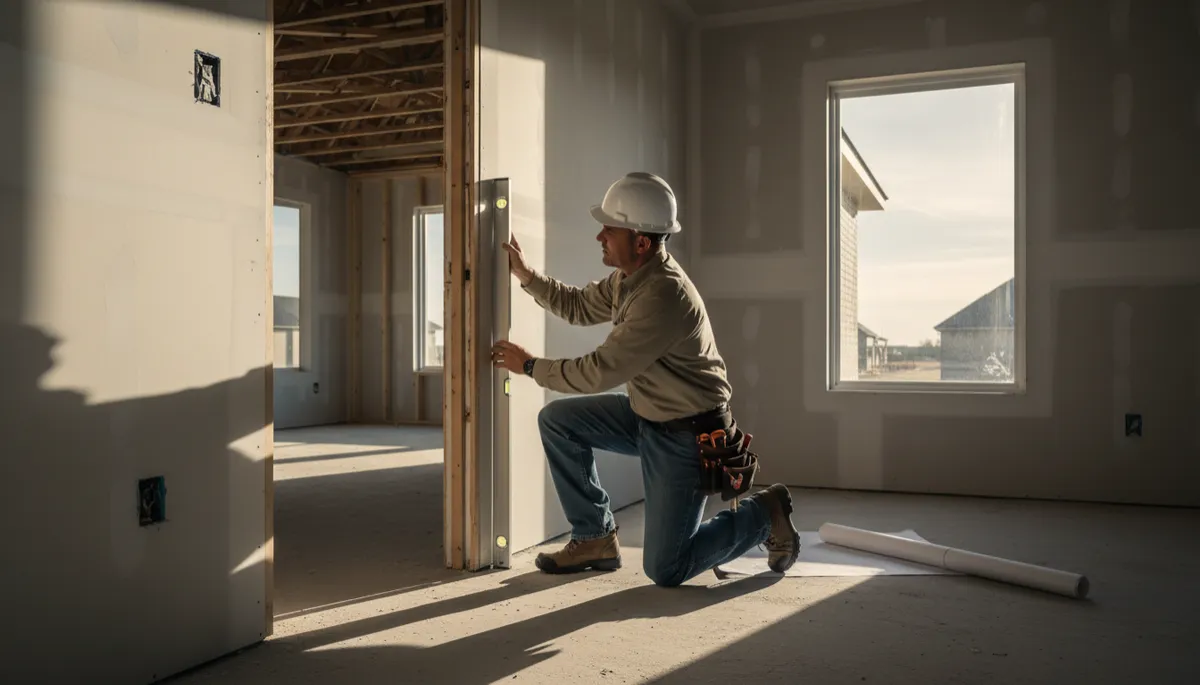 Contractor using a level to check a misaligned interior door frame