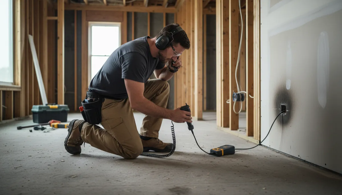 Technician checking for slab leaks with specialized equipment on a concrete floor