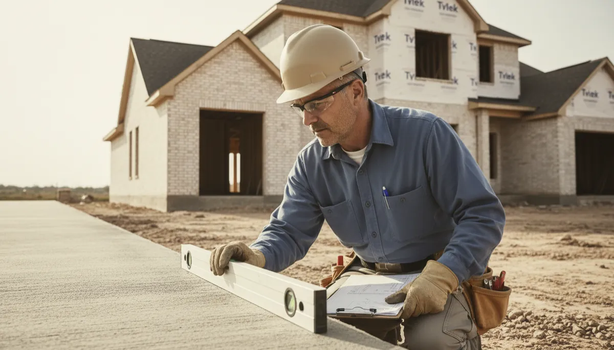 Contractor inspecting the edge of a concrete slab foundation for movement
