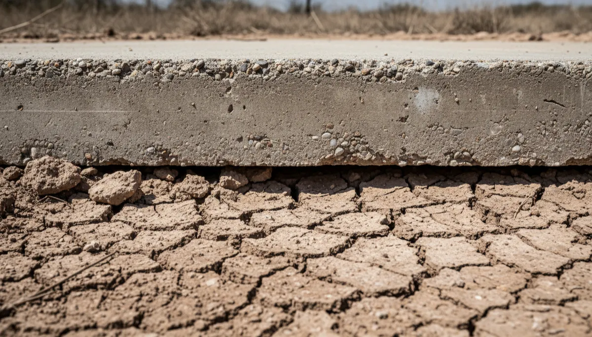 Gap between dry soil and slab edge showing foundation stress