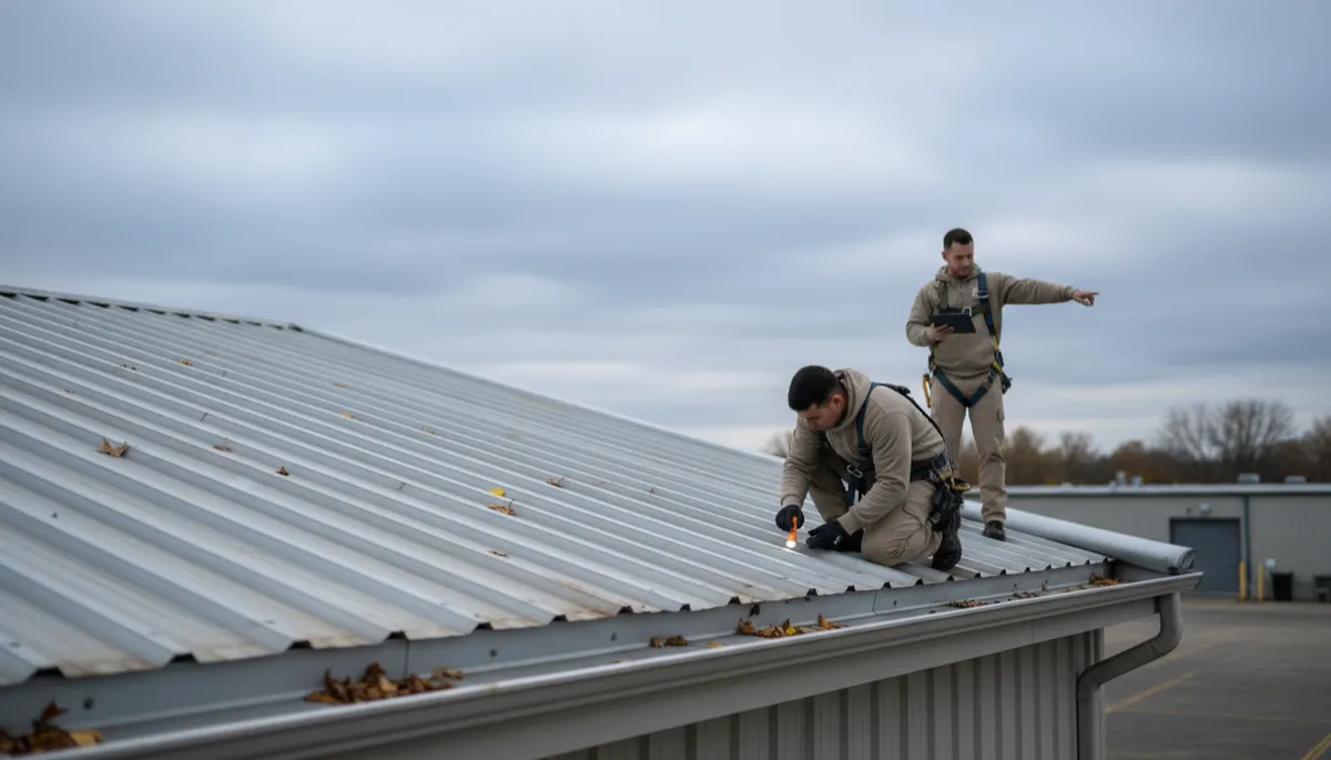 Crew inspecting commercial metal roof and gutters before fall storms